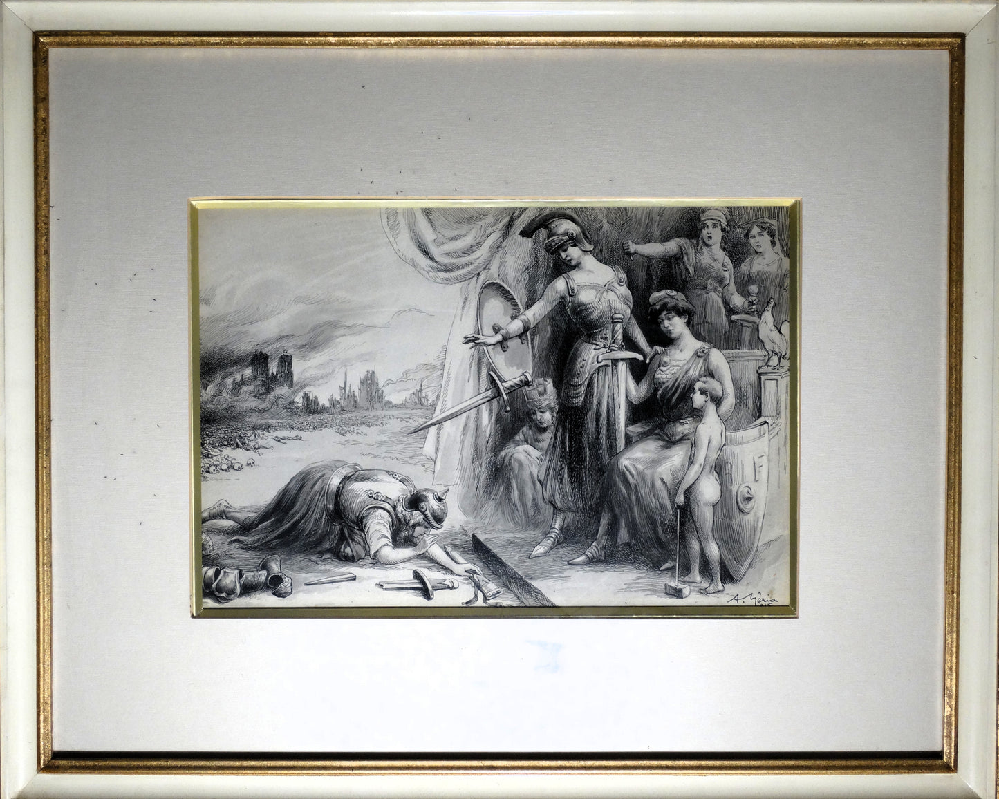 gravure 14-18, propagande WW1, Première Guerre mondiale, allégorie France, art patriotique, A. Meria, histoire militaire, art ancien, gravure originale, La Maison des Braves