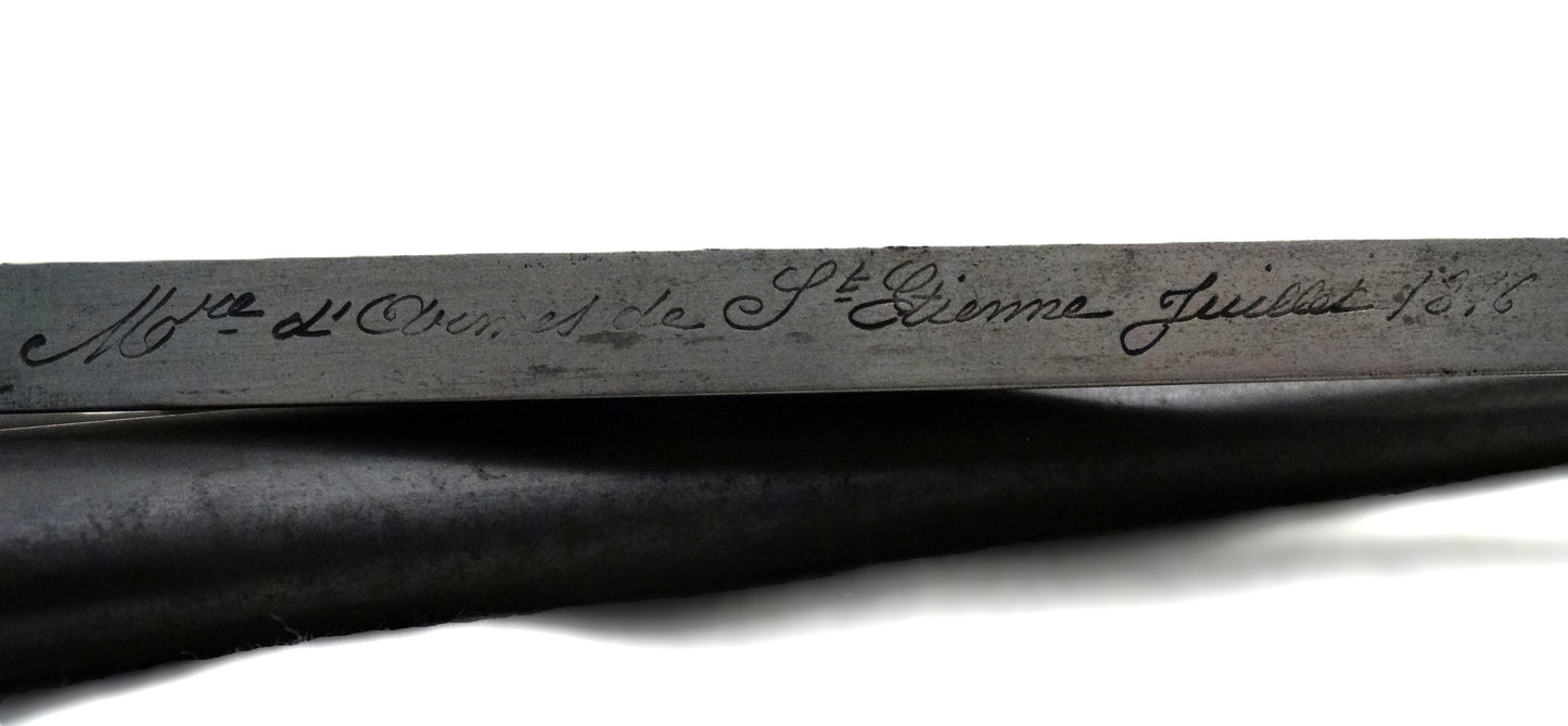 Baïonnette Gras modèle 1874. Lame marquée Manufacture d'armes de Saint-Étienne Juillet 1876, pièce originale de l’époque IIIᵉ République.