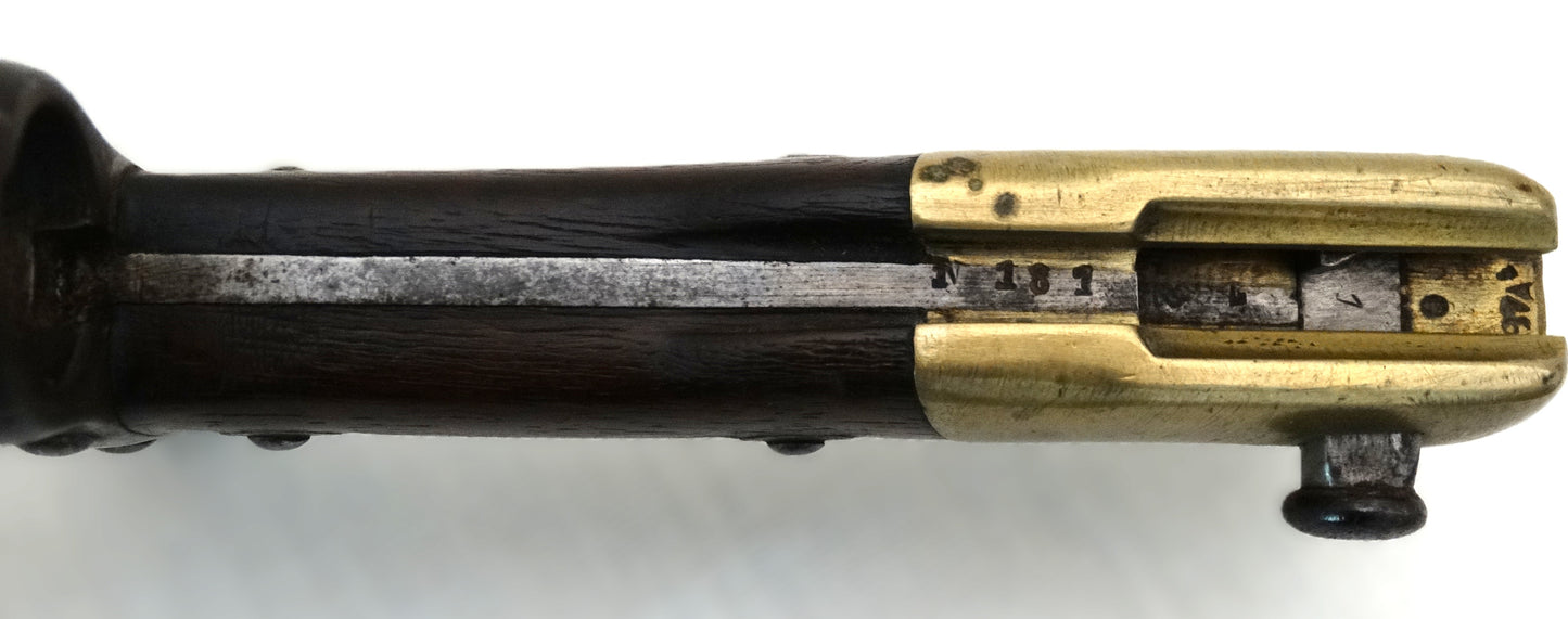 Baïonnette Gras modèle 1874 avec poignée laiton et noyer numéroté. Ressort fonctionnel. Pièce originale de l’époque IIIᵉ République