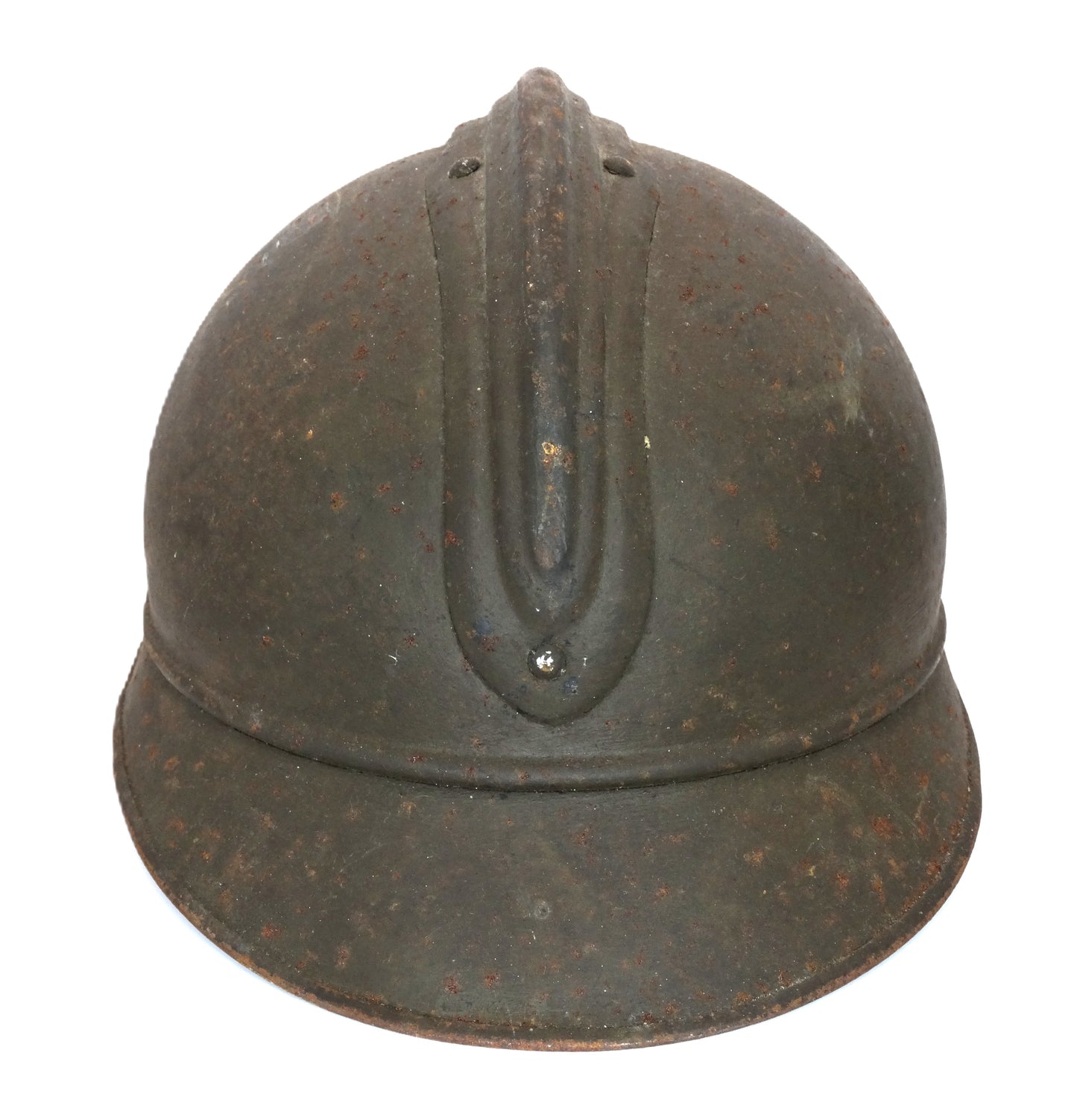 Casque d’artillerie français Modèle 1915, peint en kaki, avec coiffe et jugulaire cuir, gravure Rivière 31. Vu arrière.