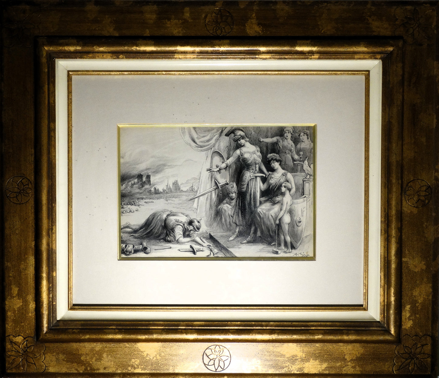 gravure 14-18, propagande WW1, Première Guerre mondiale, allégorie France, art patriotique, A. Meria, histoire militaire, art ancien, gravure originale, La Maison des Braves
