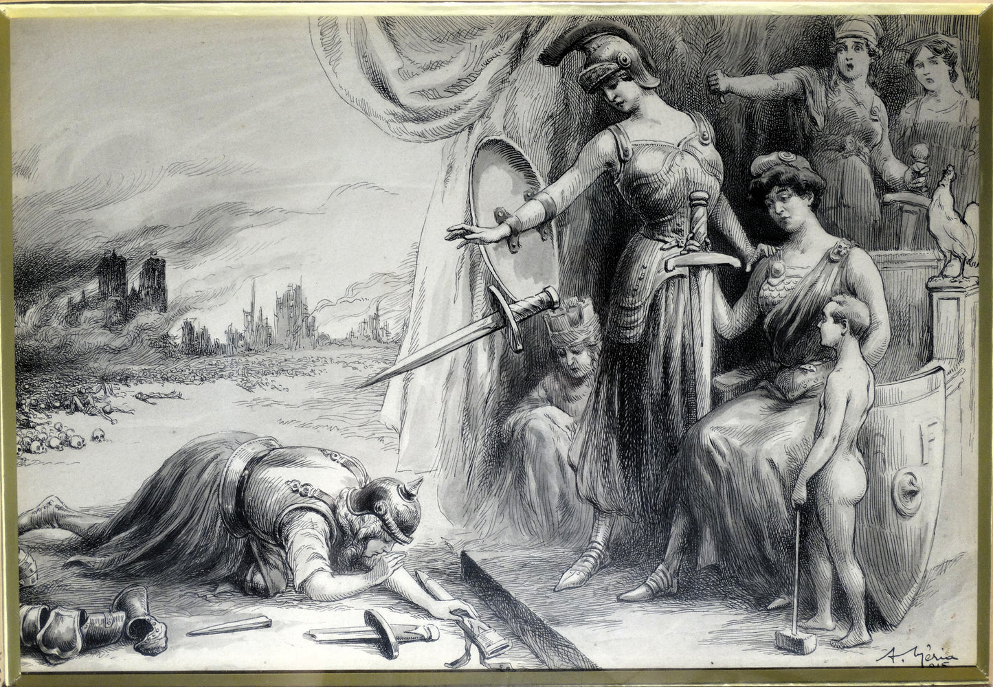 Cette encre de 22 x 32 cm, en parfait état et encadrée ( 63x73 cm ), s’inscrit dans la veine symboliste et propagandiste de la production française en temps de guerre.
Elle illustre parfaitement la vision de Meria, artiste aux multiples talents : dessinateur de presse, caricaturiste, peintre et scénariste, connu pour sa contribution à des revues comme Le Rire, L’Assiette au Beurre ou encore La Gifle.