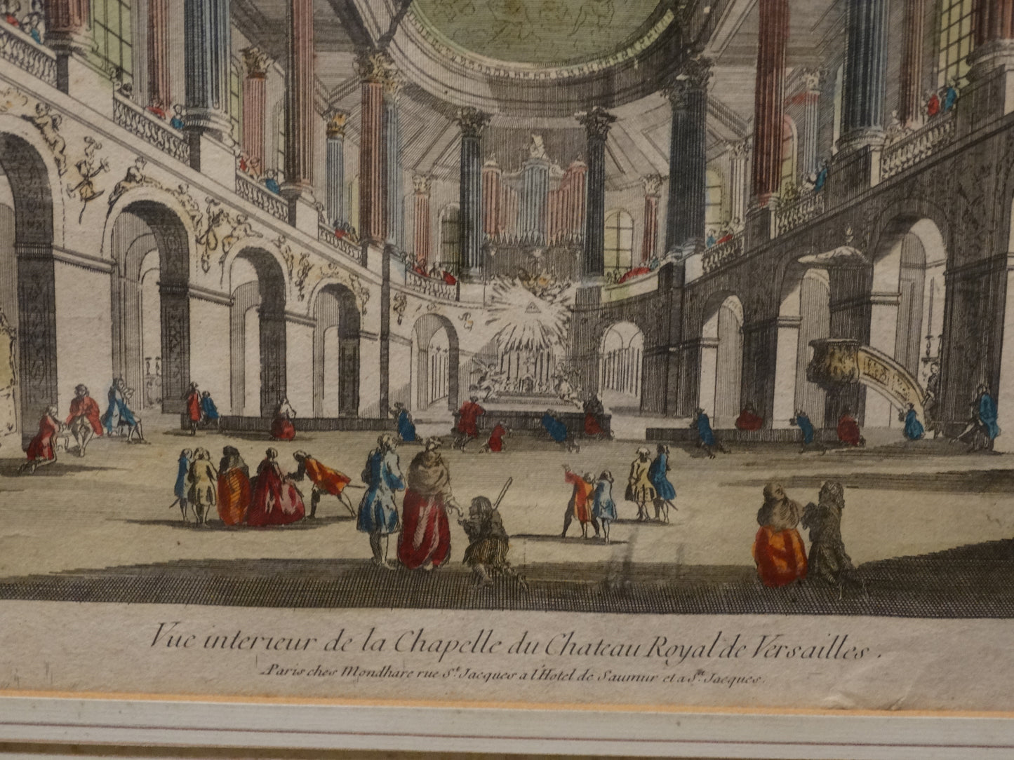 Estampe Vue intérieur de la chapelle du château Royale de Versailles zoom sur legende