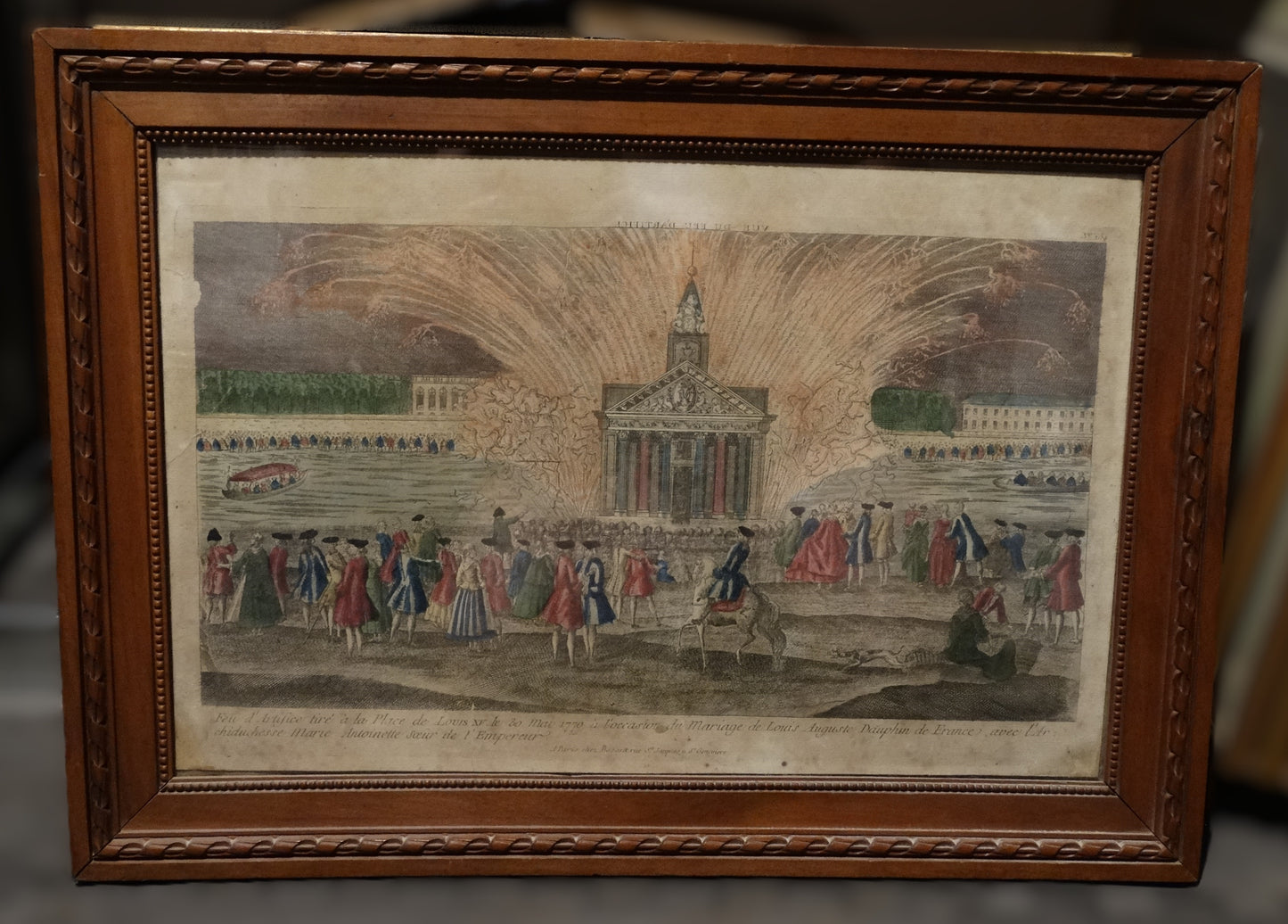 Estampe ancienne : « Feu d’artifice pour le mariage de Louis XVI et Marie-Antoinette, 1770 » avec cadre bois