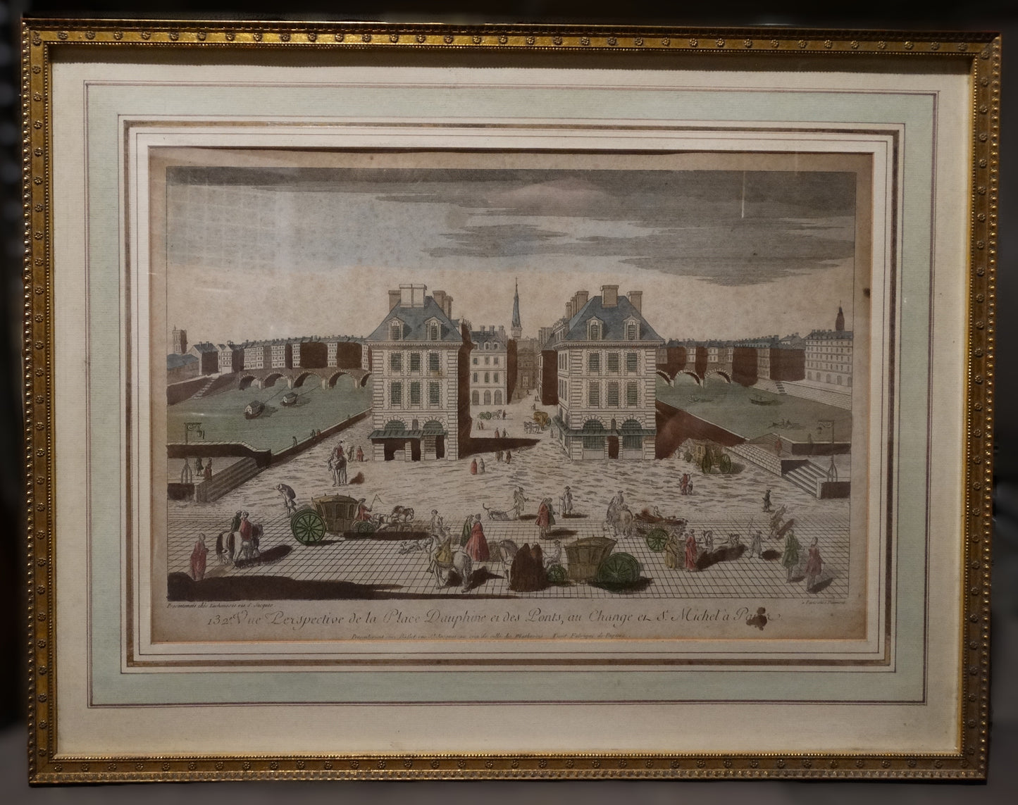 Estampe ancienne : « Perspective de la Place Dauphine et des Ponts au Change Saint-Michel à Paris » avec cadre doré