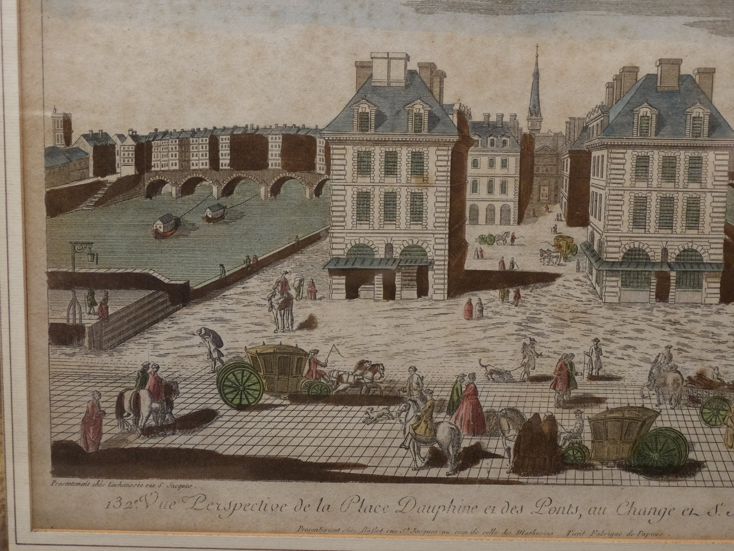 Estampe ancienne : « Perspective de la Place Dauphine et des Ponts au Change Saint-Michel à Paris » zoom bas gauche