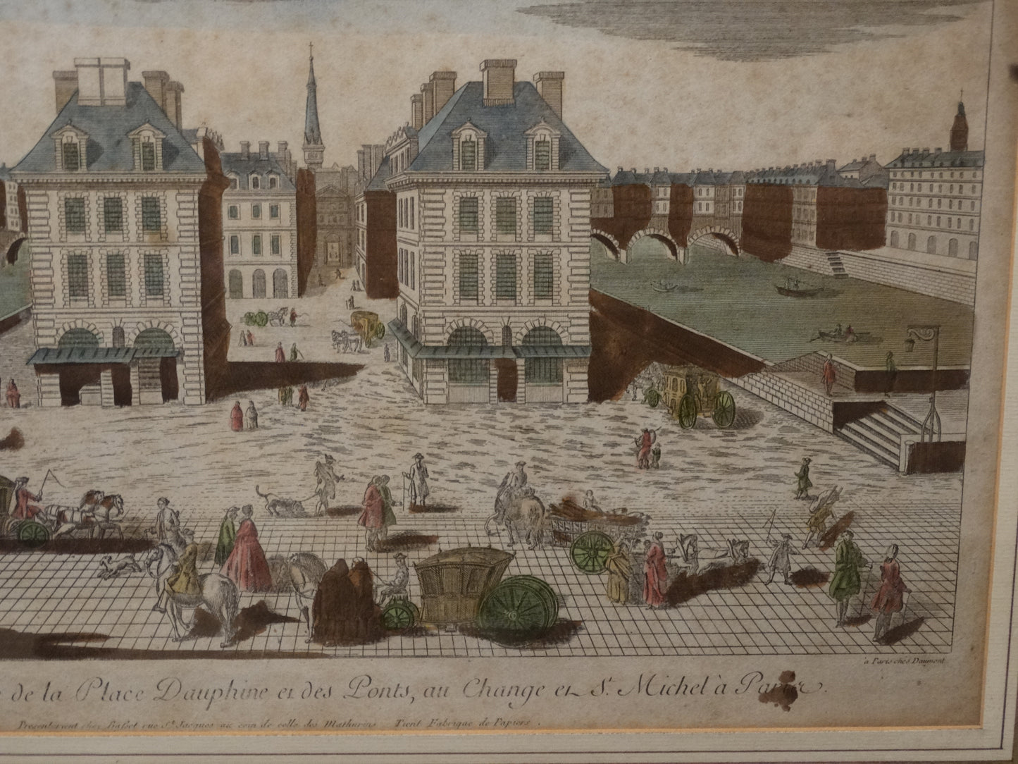 Estampe ancienne : « Perspective de la Place Dauphine et des Ponts au Change Saint-Michel à Paris » zoom bas droit