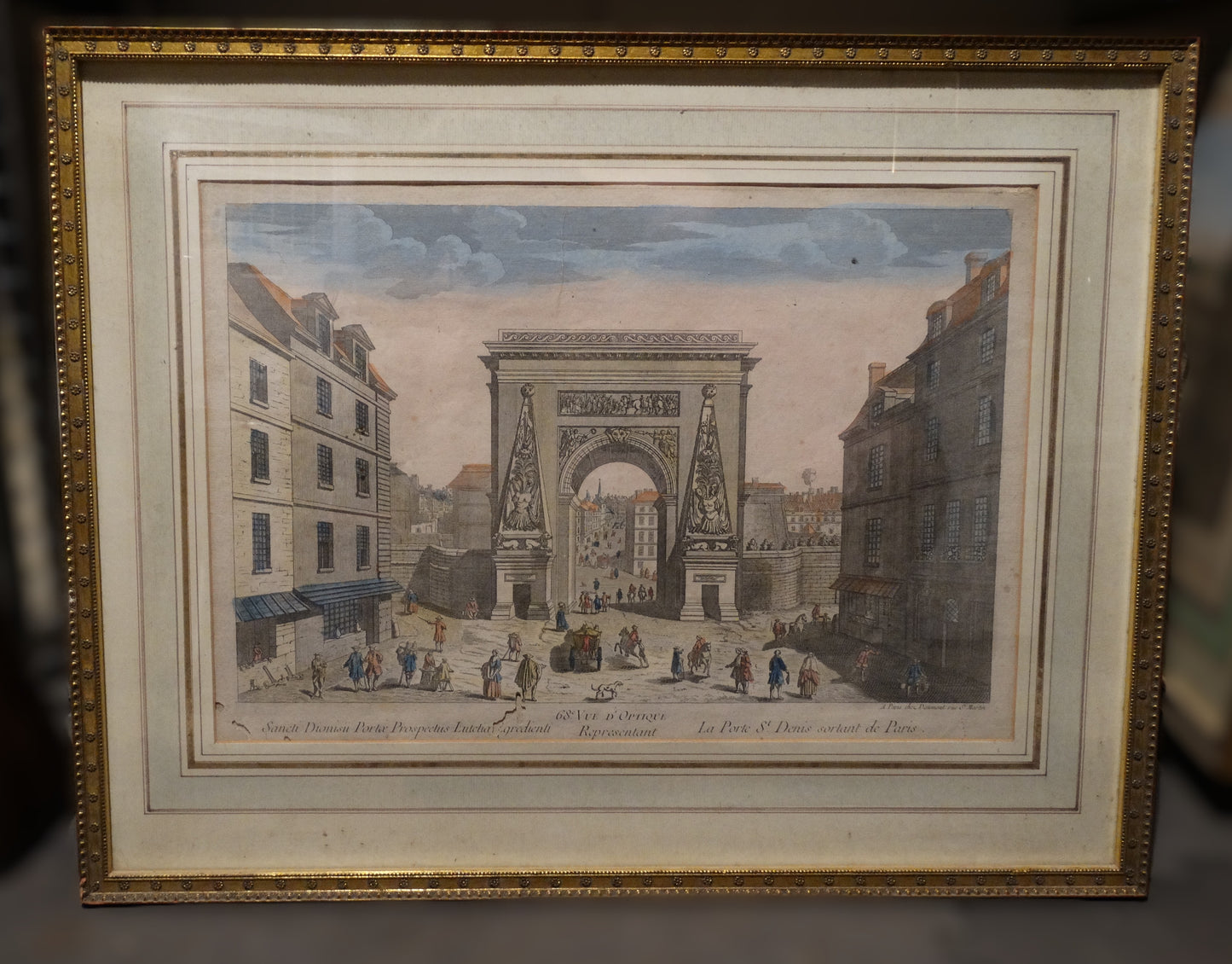 Estampe ancienne : « Vue d’optique représentant la Porte Saint-Denis sortant de Paris » dans son cadre bois doré