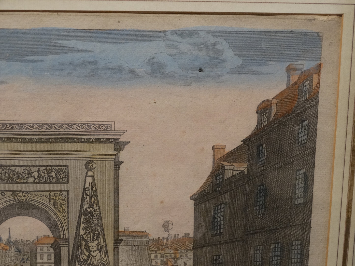 Estampe ancienne : « Vue d’optique représentant la Porte Saint-Denis sortant de Paris » zoom haut droit