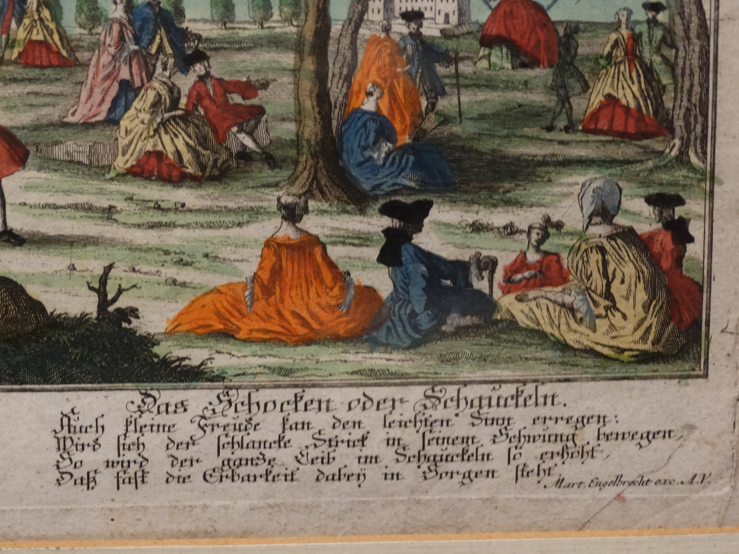Estampe ancienne : « Vue des fontaines et jardins » zoom sur légende en allemand.