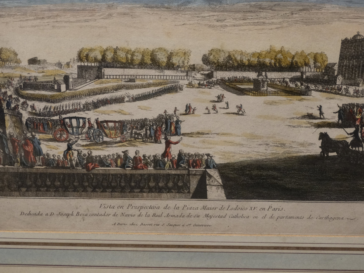 Estampe ancienne : « Vue perspective de la Place Louis XV à Paris » Zoom sur légende centrale en italien.