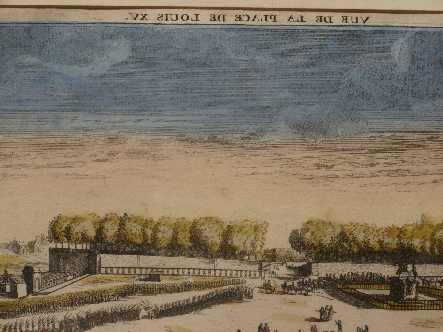 Estampe ancienne : « Vue perspective de la Place Louis XV à Paris » zoom sur titre de l'œuvre.