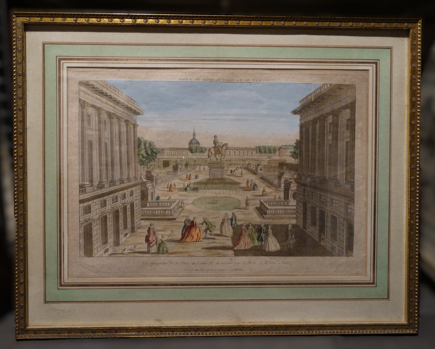 Estampe ancienne : « Vue perspective de la Place Louis XV en entrant par la Porte Saint-Honoré à Paris » dans son cadre en bois doré.