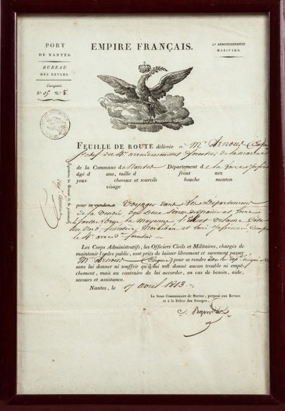 Feuille de route – Premier Empire, 1813
Époque : Premier Empire, Napoléon Ier.
Date : 1813.
Format : Feuille manuscrite pliée.
Support : Papier d’époque, écriture à l’encre.
Contenu : Nom du militaire, points d’étape, signatures ou cachets officiels.