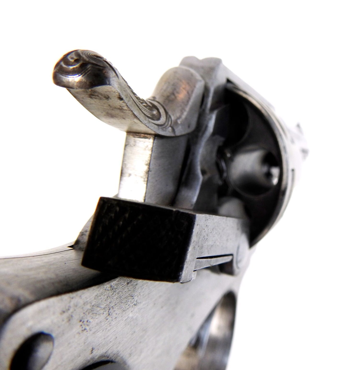 Revolver Chamelot-Delvigne modèle 1874 civil - calibre 11 mm73 - Arme ancienne. Vue arrière barillet chien.