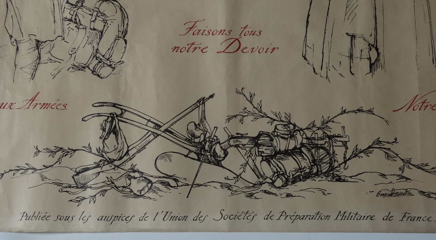 Affiche illustrée par Bernard Naudin — Emprunt de la Défense Nationale — Première Guerre mondiale. 
Zoom sur texte centrale