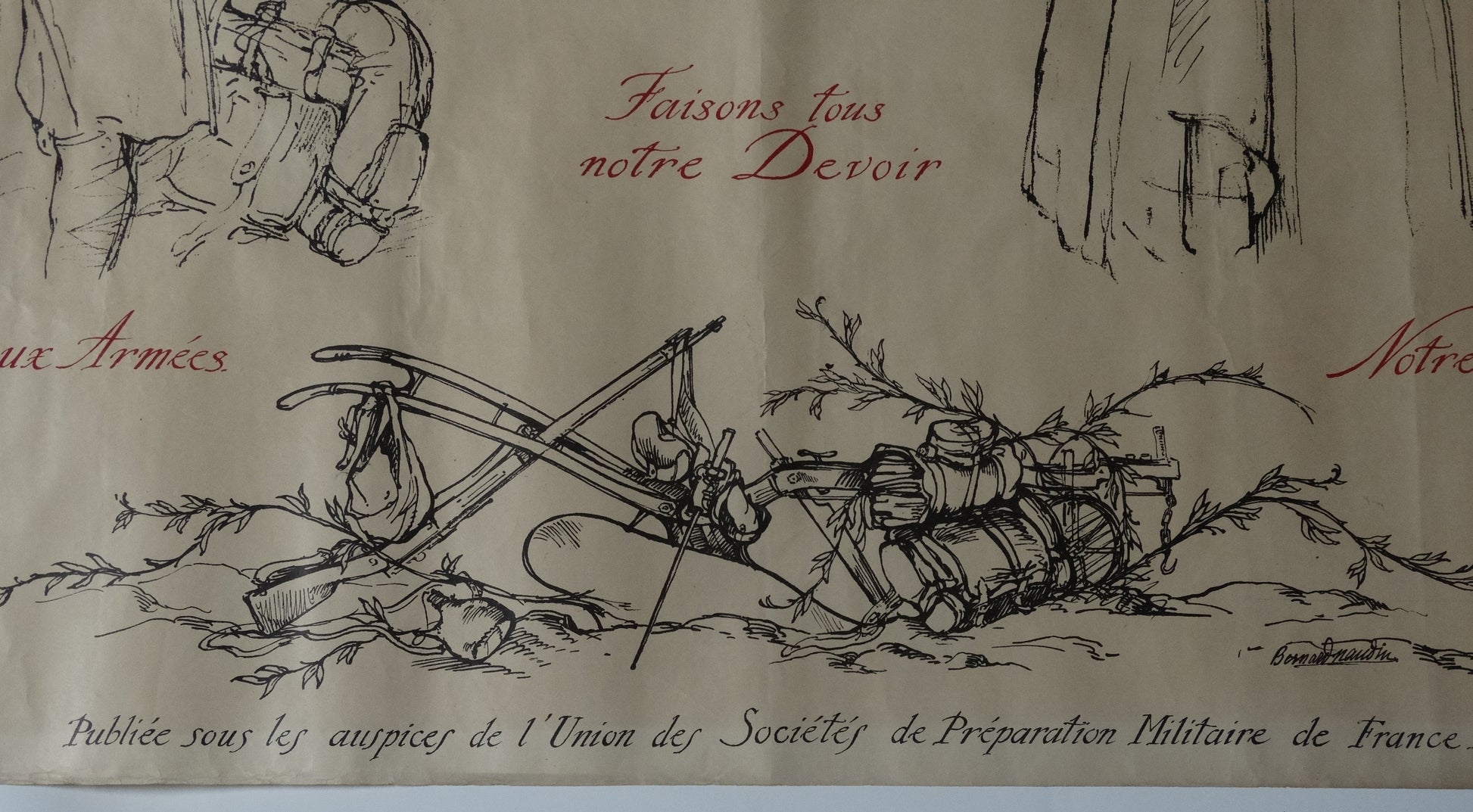 Affiche illustrée par Bernard Naudin — Emprunt de la Défense Nationale — Première Guerre mondiale. 
Zoom sur texte centrale