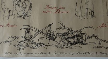 Affiche illustrée par Bernard Naudin — Emprunt de la Défense Nationale — Première Guerre mondiale. 
Zoom sur texte centrale