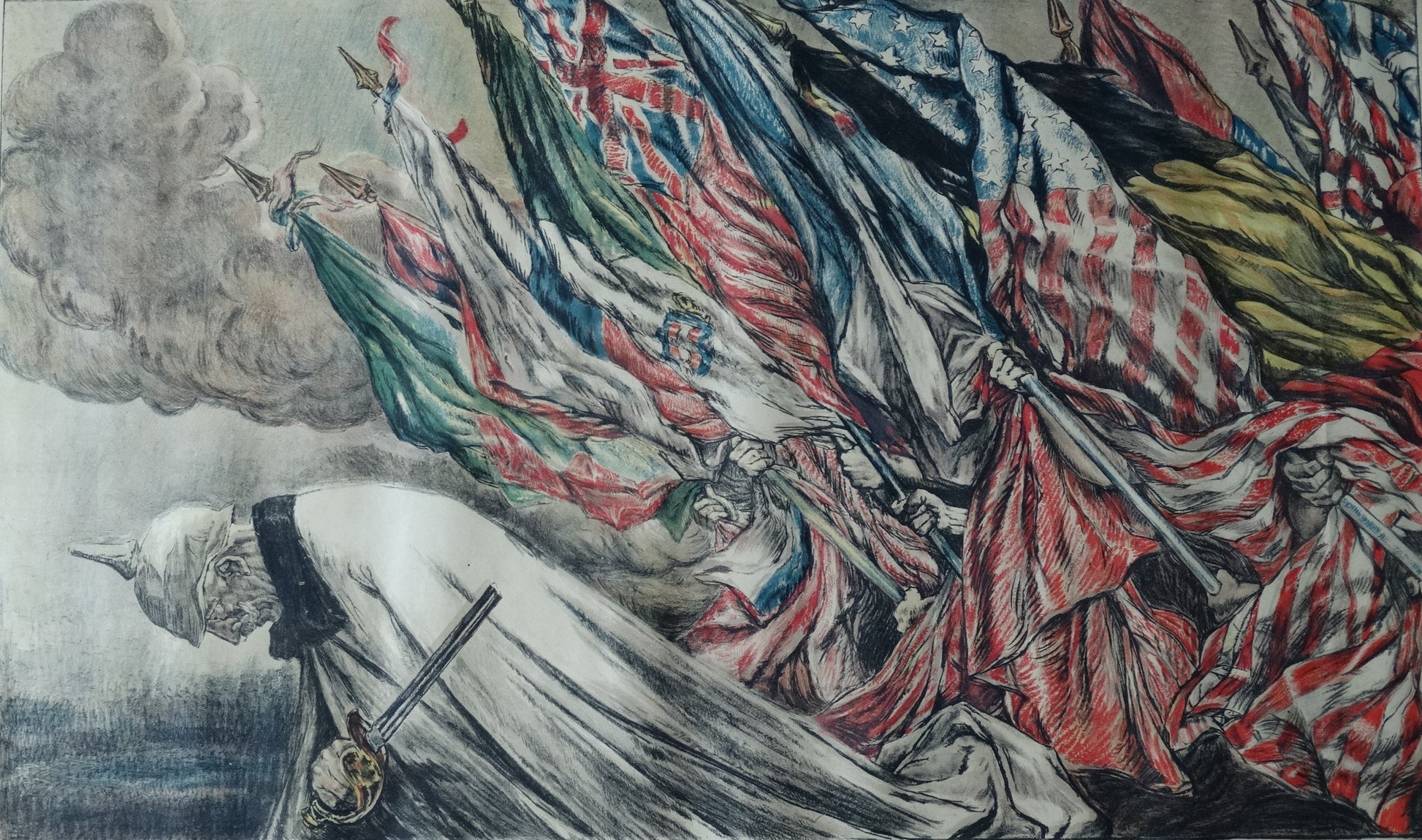 Affiche originale – L’Emprunt de la Libération – Abel Faivre – Imprimeries Lapina & Crété – Première Guerre mondiale. Zoom sur évènement central.