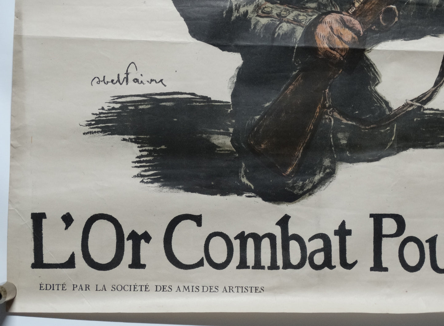 Affiche originale WW1 « Pour la France, versez votre or » – Abel Faivre – 1915 – Devambez. Zoom contour bas gauche.