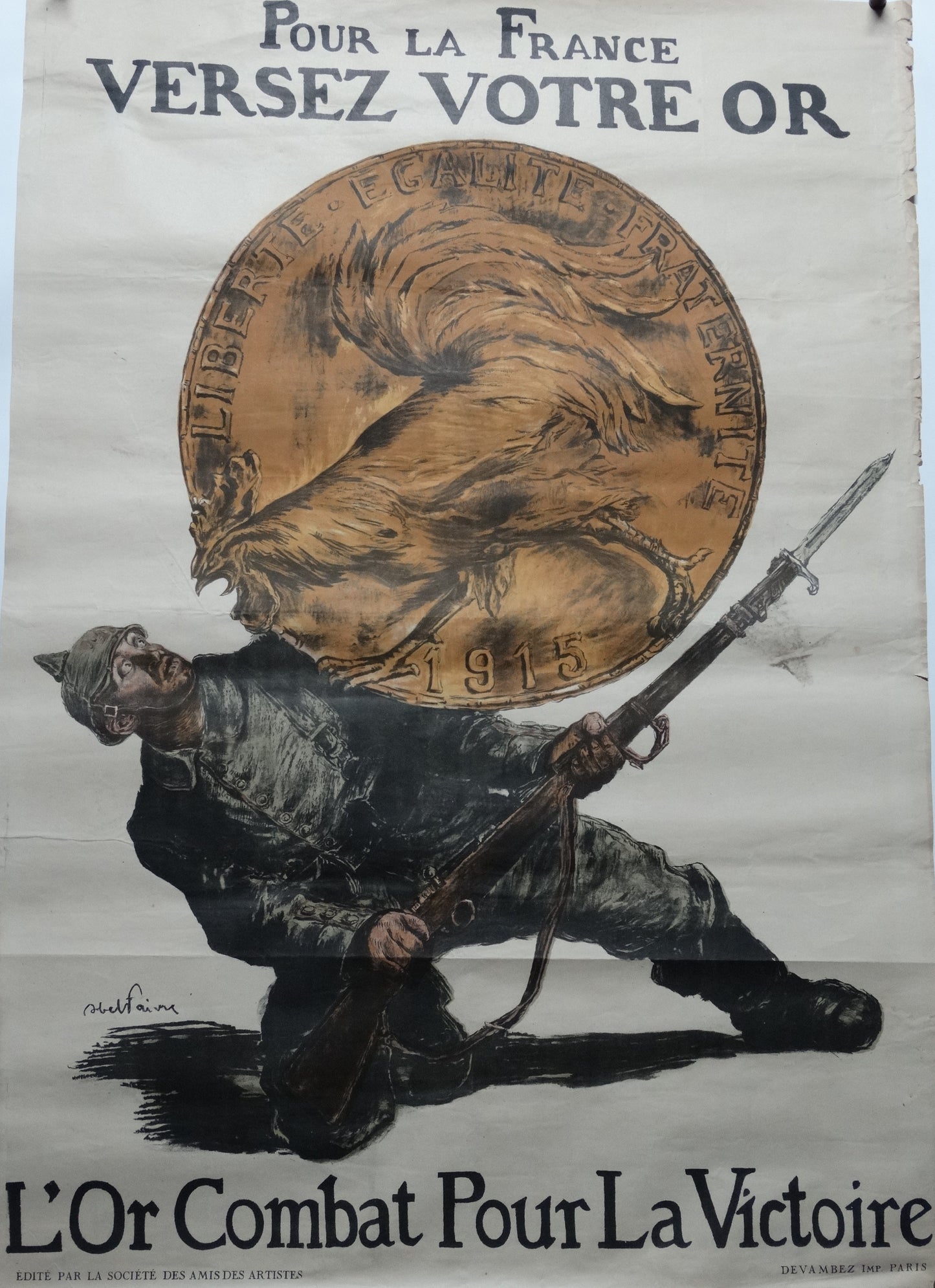 Affiche originale WW1 « Pour la France, versez votre or » – Abel Faivre – 1915 – Devambez. Zoom sur affiche intégrale.