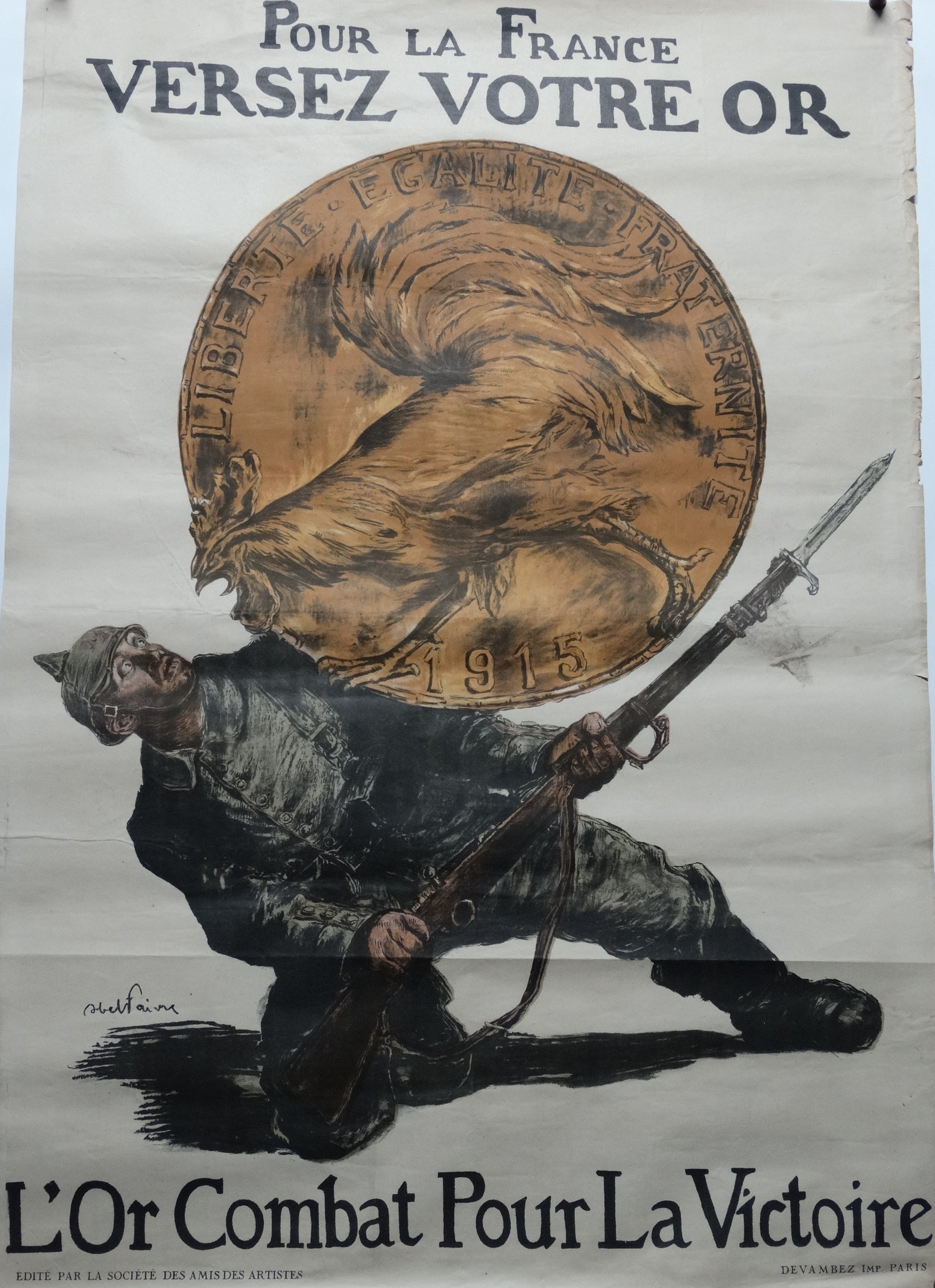 Affiche originale WW1 « Pour la France, versez votre or » – Abel Faivre – 1915 – Devambez. Zoom sur affiche intégrale.