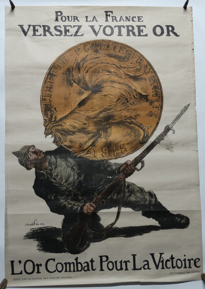 Affiche originale WW1 « Pour la France, versez votre or » – Abel Faivre – 1915 – Devambez. Vue intégral de face.