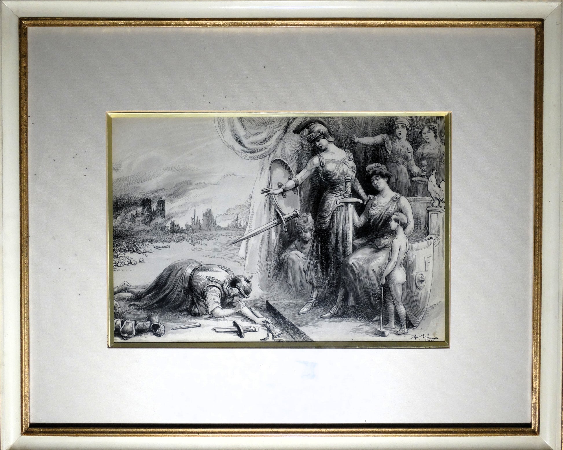 gravure 14-18, propagande WW1, Première Guerre mondiale, allégorie France, art patriotique, A. Meria, histoire militaire, art ancien, gravure originale, La Maison des Braves