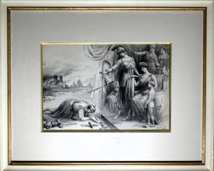 gravure 14-18, propagande WW1, Première Guerre mondiale, allégorie France, art patriotique, A. Meria, histoire militaire, art ancien, gravure originale, La Maison des Braves