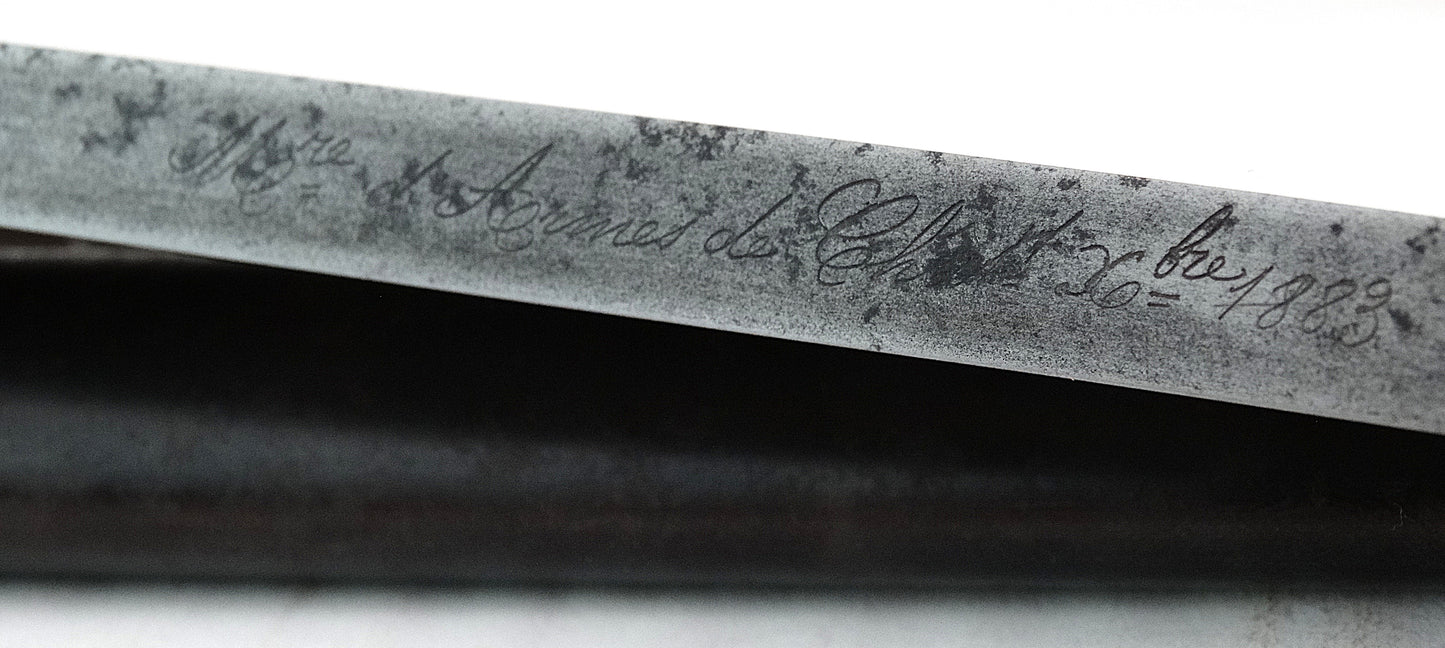 Baïonnette Gras 1874 Marine Châtellerault 1883 | Fourreau au numéro.
Zoom sur marquage plat de lame