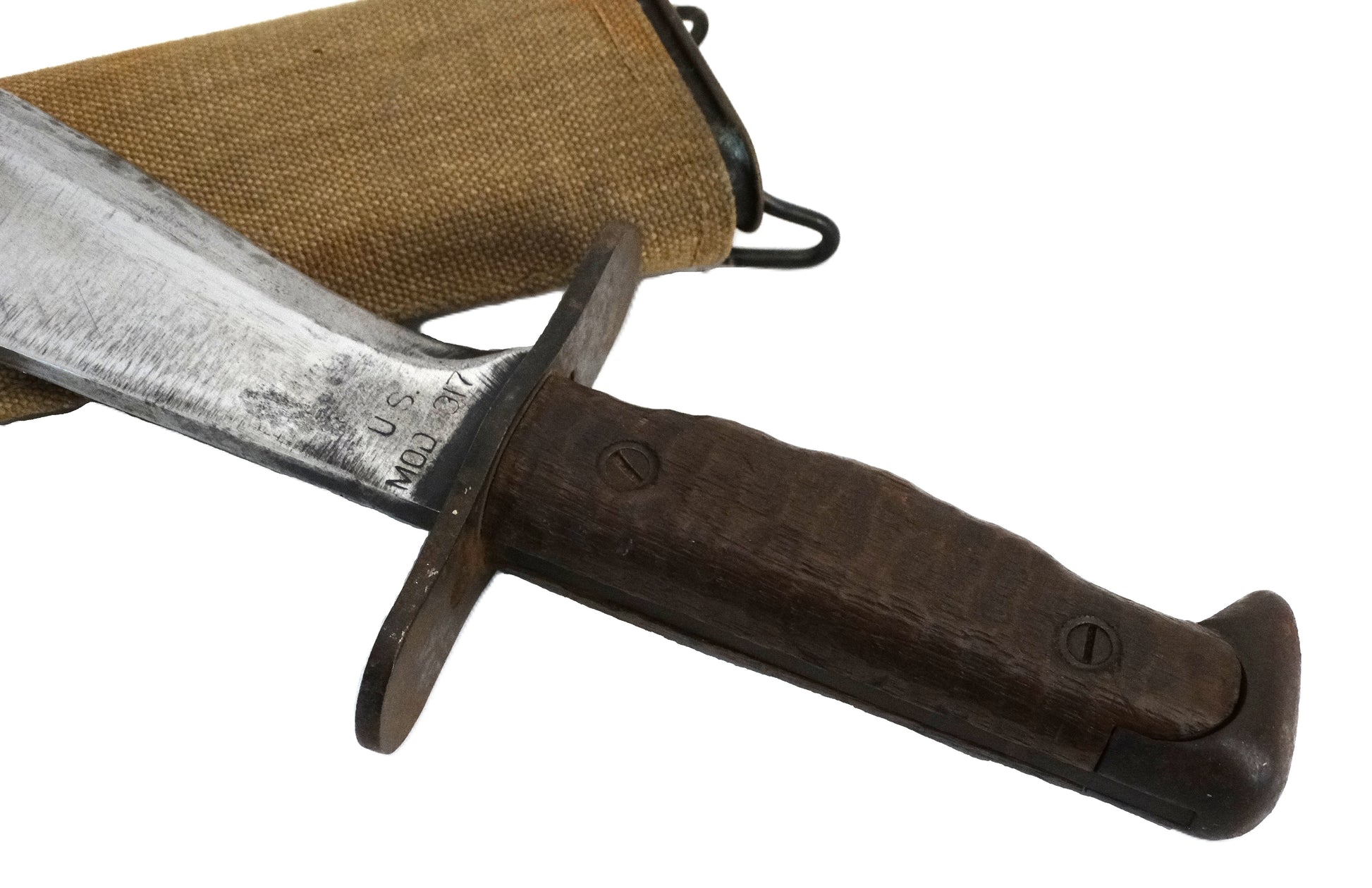 Bolo US Model 1917 PLUMB PHILA 1918 | Couteau de tranchée WWI.
Zoom manche coté droit.