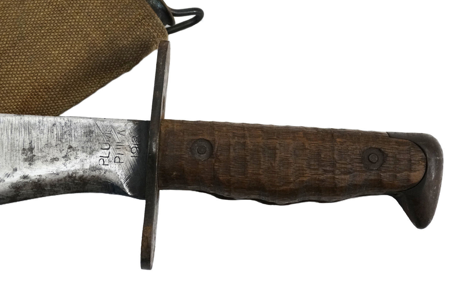 Bolo US Model 1917 PLUMB PHILA 1918 | Couteau de tranchée WWI.
Zoom manche coté gauche.