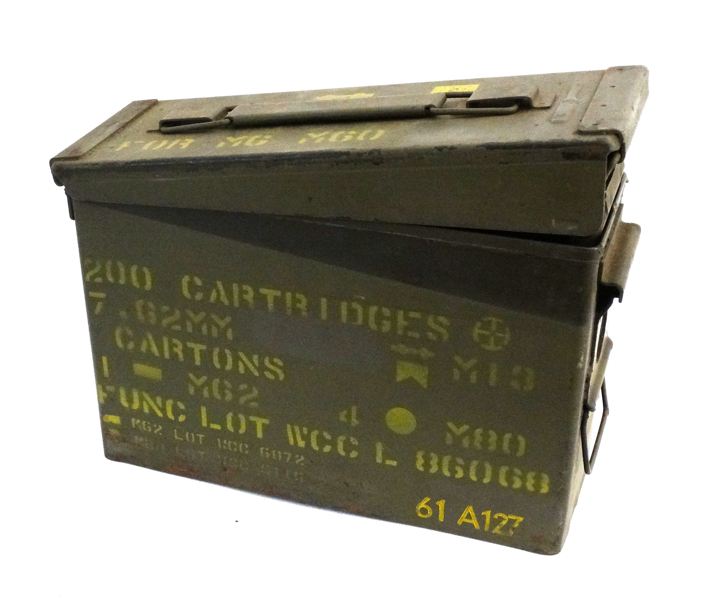 Caisse de Munitions US Cal. 7.62 mm – Caisse Historique Militaire – Surplus US Army. Vue intégrale 3/4 face.