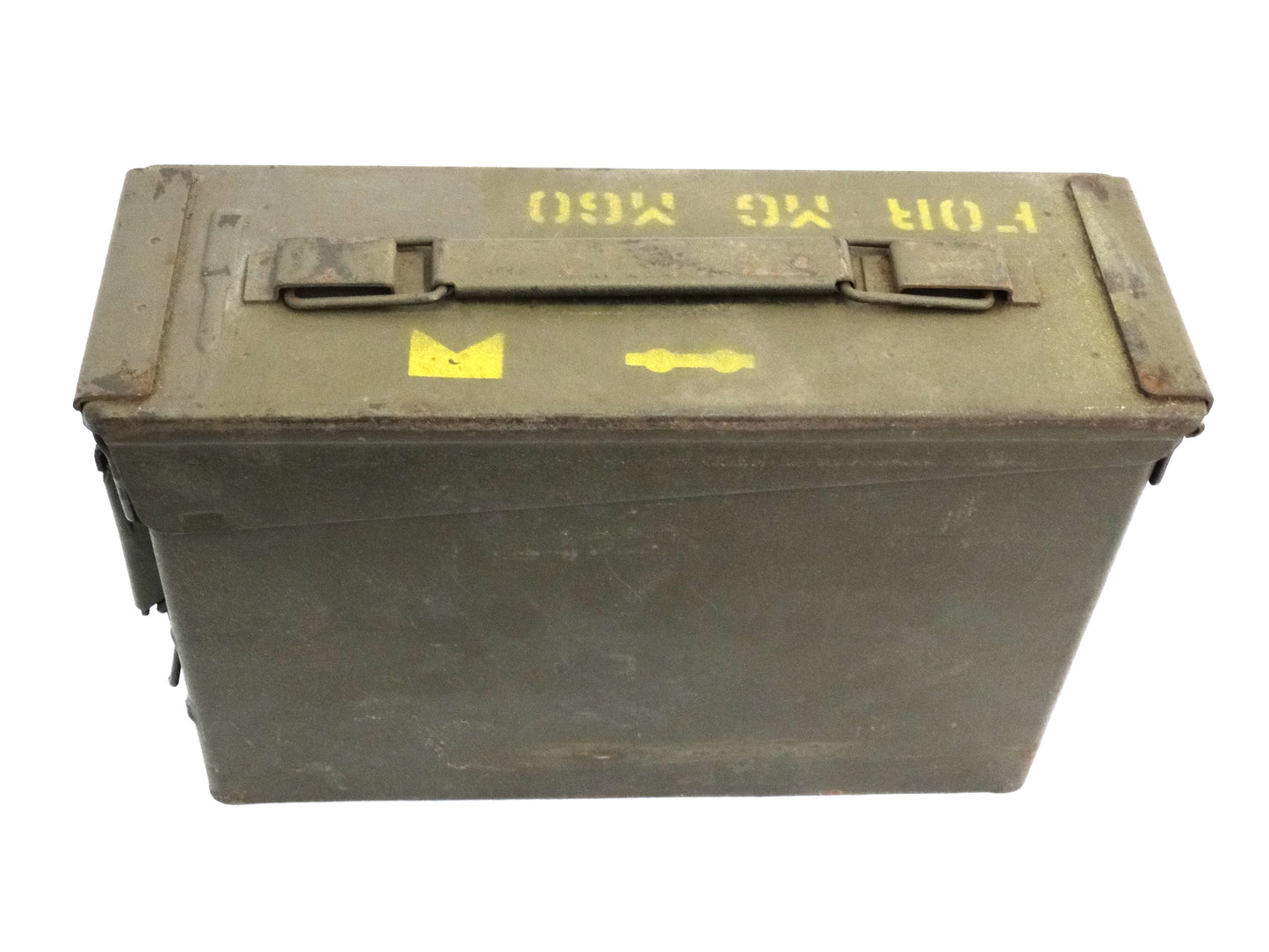 Caisse de Munitions US Cal. 7.62 mm – Caisse Historique Militaire – Surplus US Army. Vue intégrale arrière, 3/4 du dessus.