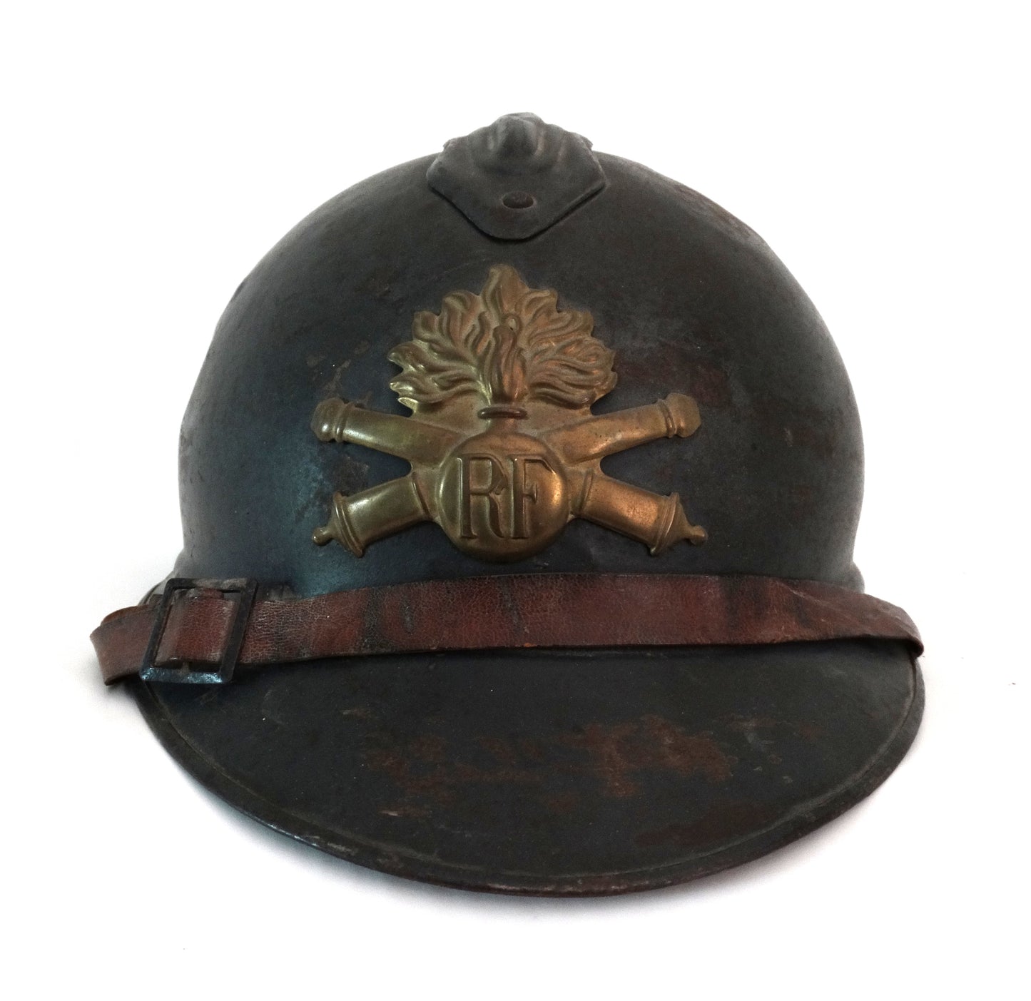 Casque Adrian 1915 Artillerie – Attribut Laiton – Intérieur Bleu Horizon Original – WW1.
Vue intégrale de face.