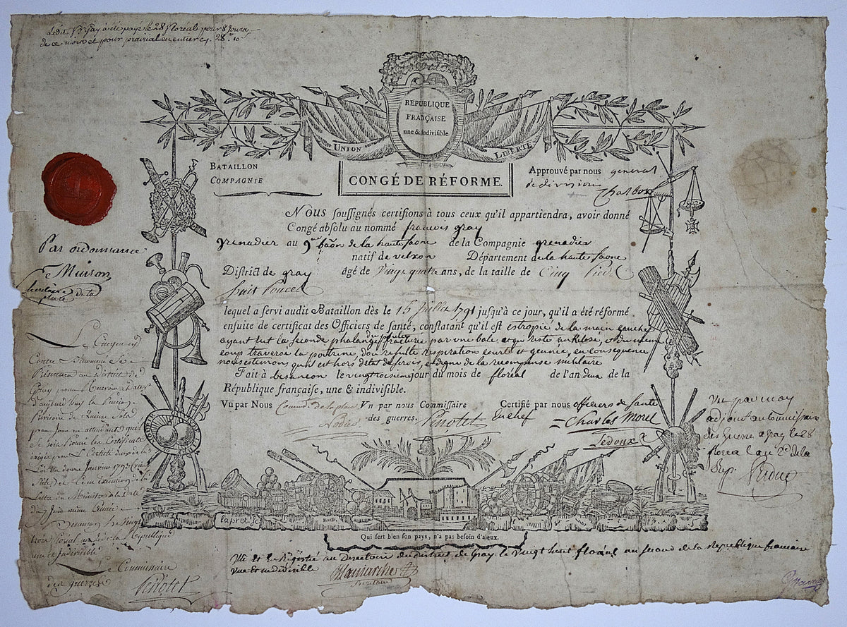 Congé de réforme militaire de 1794 | Révolution française.
Vue intégrale de face.