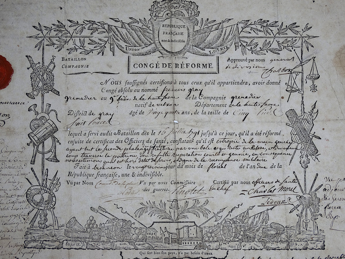 Congé de réforme militaire de 1794 | Révolution française.
Zoom sur vue intégrale de face.