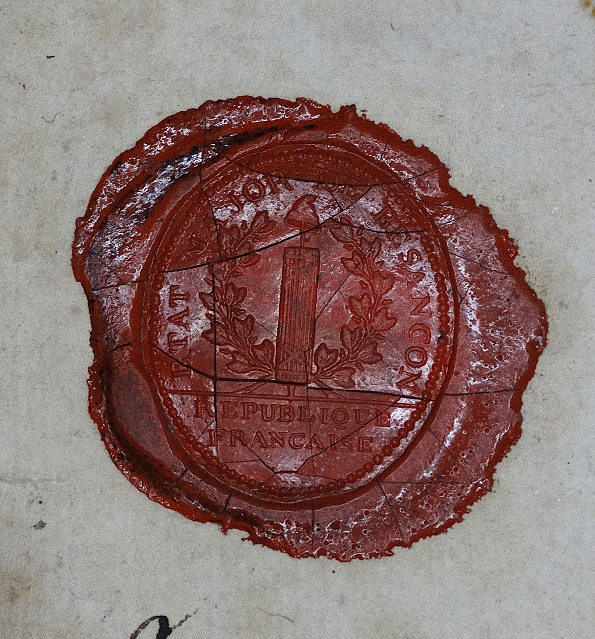 Congé de réforme militaire de 1794 | Révolution française.
Zoom sur cachet de cire rouge