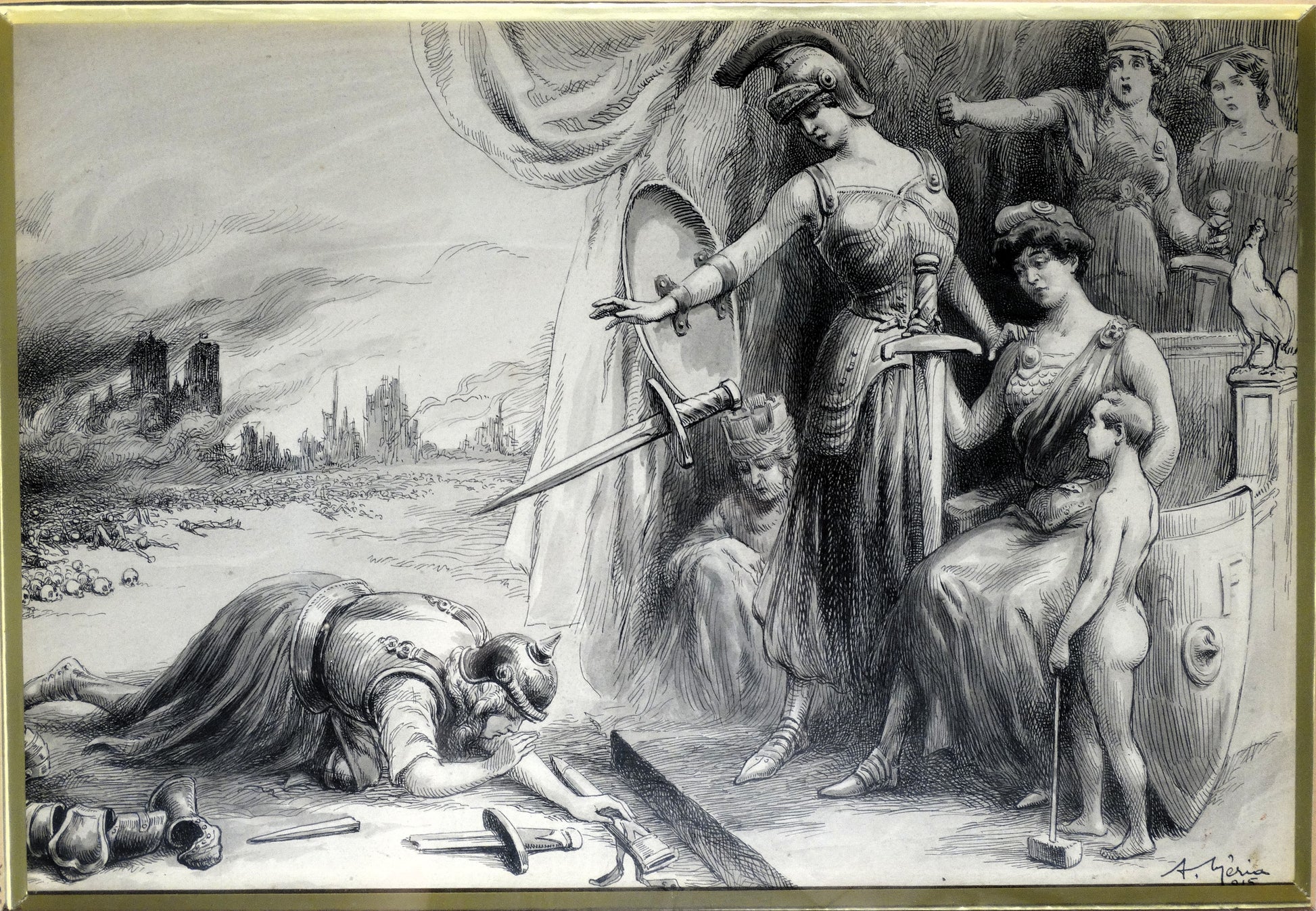 Cette encre de 22 x 32 cm, en parfait état et encadrée ( 63x73 cm ), s’inscrit dans la veine symboliste et propagandiste de la production française en temps de guerre.
Elle illustre parfaitement la vision de Meria, artiste aux multiples talents : dessinateur de presse, caricaturiste, peintre et scénariste, connu pour sa contribution à des revues comme Le Rire, L’Assiette au Beurre ou encore La Gifle.