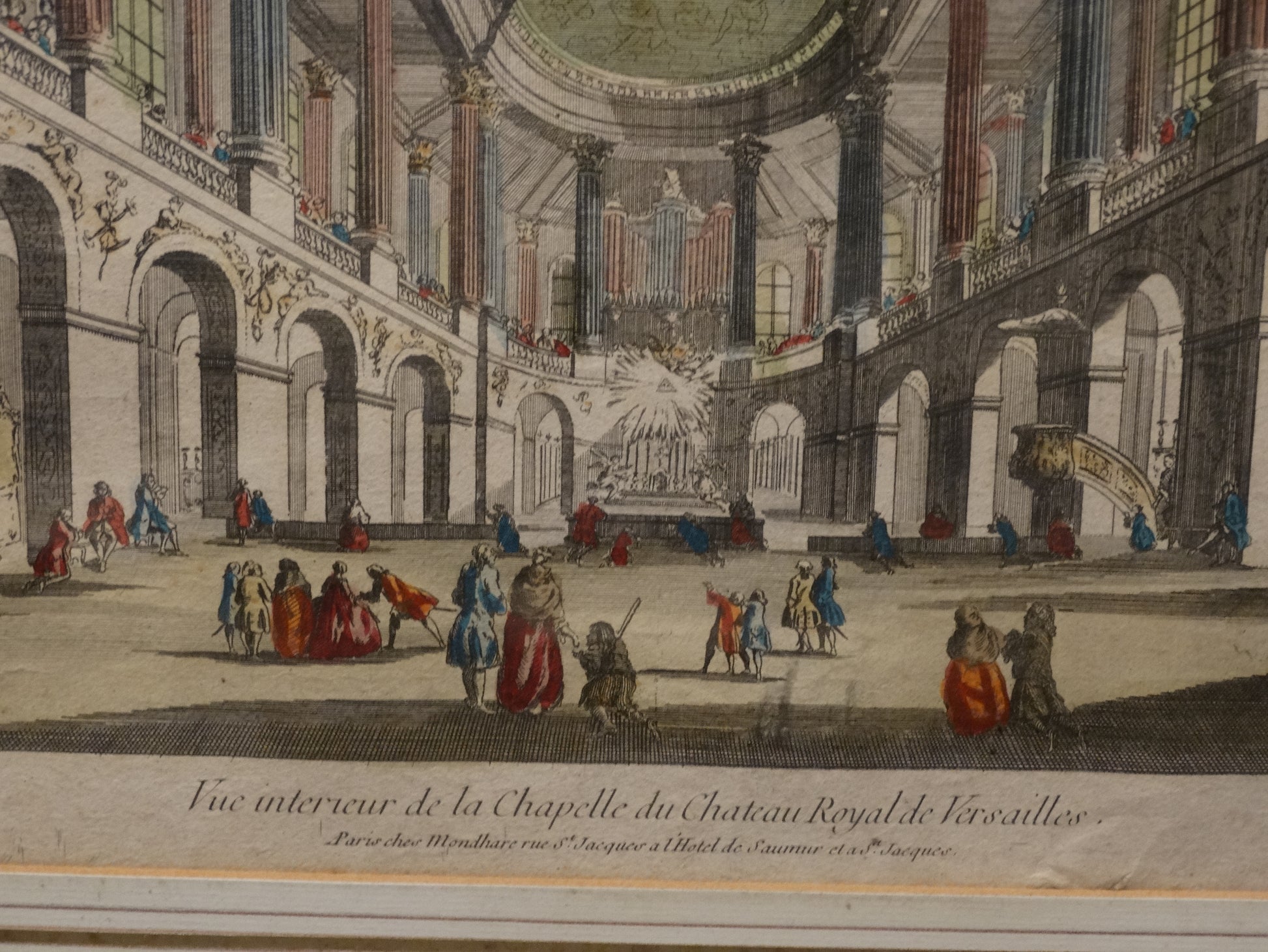 Estampe Vue intérieur de la chapelle du château Royale de Versailles zoom sur legende