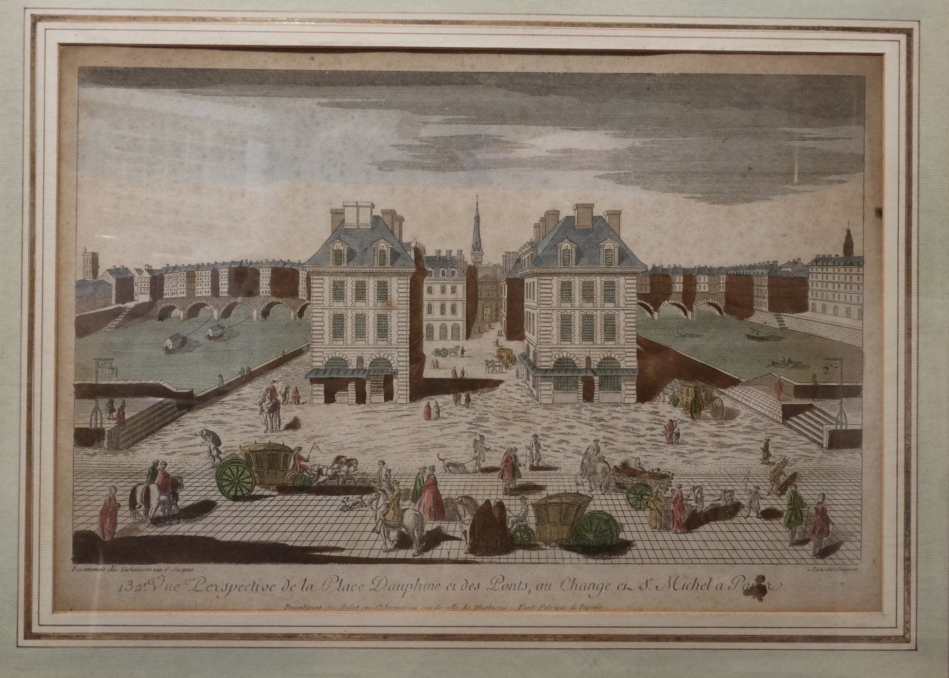 Estampe ancienne : « Perspective de la Place Dauphine et des Ponts au Change Saint-Michel à Paris »