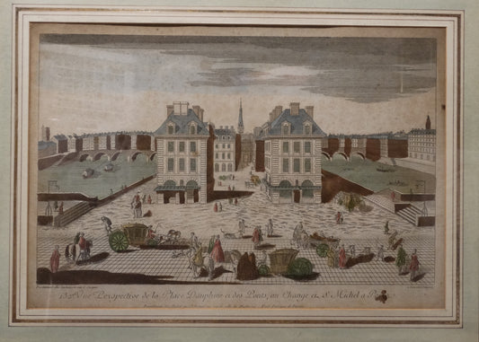 Estampe ancienne : « Perspective de la Place Dauphine et des Ponts au Change Saint-Michel à Paris »