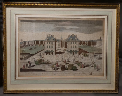 Estampe ancienne : « Perspective de la Place Dauphine et des Ponts au Change Saint-Michel à Paris » avec cadre doré