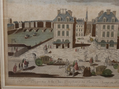 Estampe ancienne : « Perspective de la Place Dauphine et des Ponts au Change Saint-Michel à Paris » zoom bas gauche