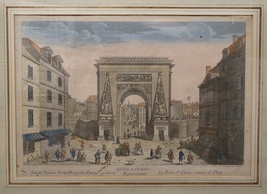 Estampe ancienne : « Vue d’optique représentant la Porte Saint-Denis sortant de Paris »