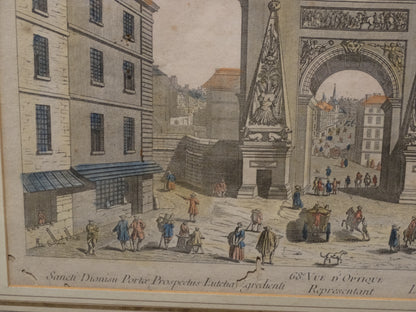 Estampe ancienne : « Vue d’optique représentant la Porte Saint-Denis sortant de Paris » zoom bas gauche