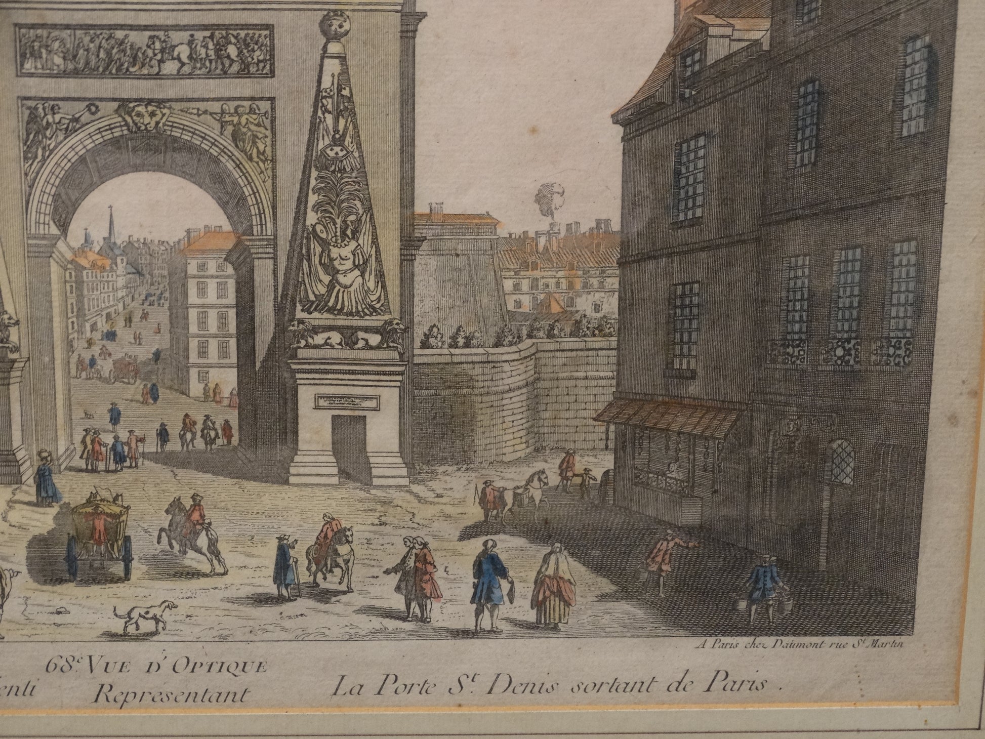 Estampe ancienne : « Vue d’optique représentant la Porte Saint-Denis sortant de Paris » zoom bas droit et légende
