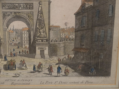 Estampe ancienne : « Vue d’optique représentant la Porte Saint-Denis sortant de Paris » zoom bas droit et légende