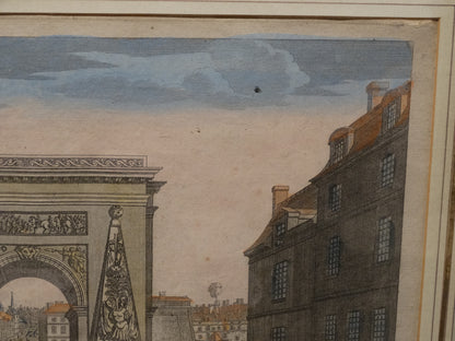 Estampe ancienne : « Vue d’optique représentant la Porte Saint-Denis sortant de Paris » zoom haut droit
