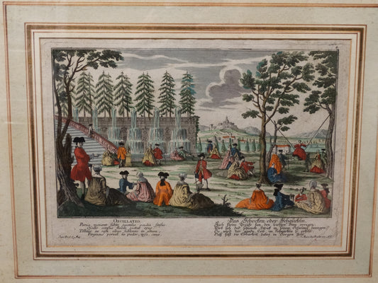 Estampe ancienne : « Vue des fontaines et jardins » Avec 2 textes l'un en latin, le second en allemand.